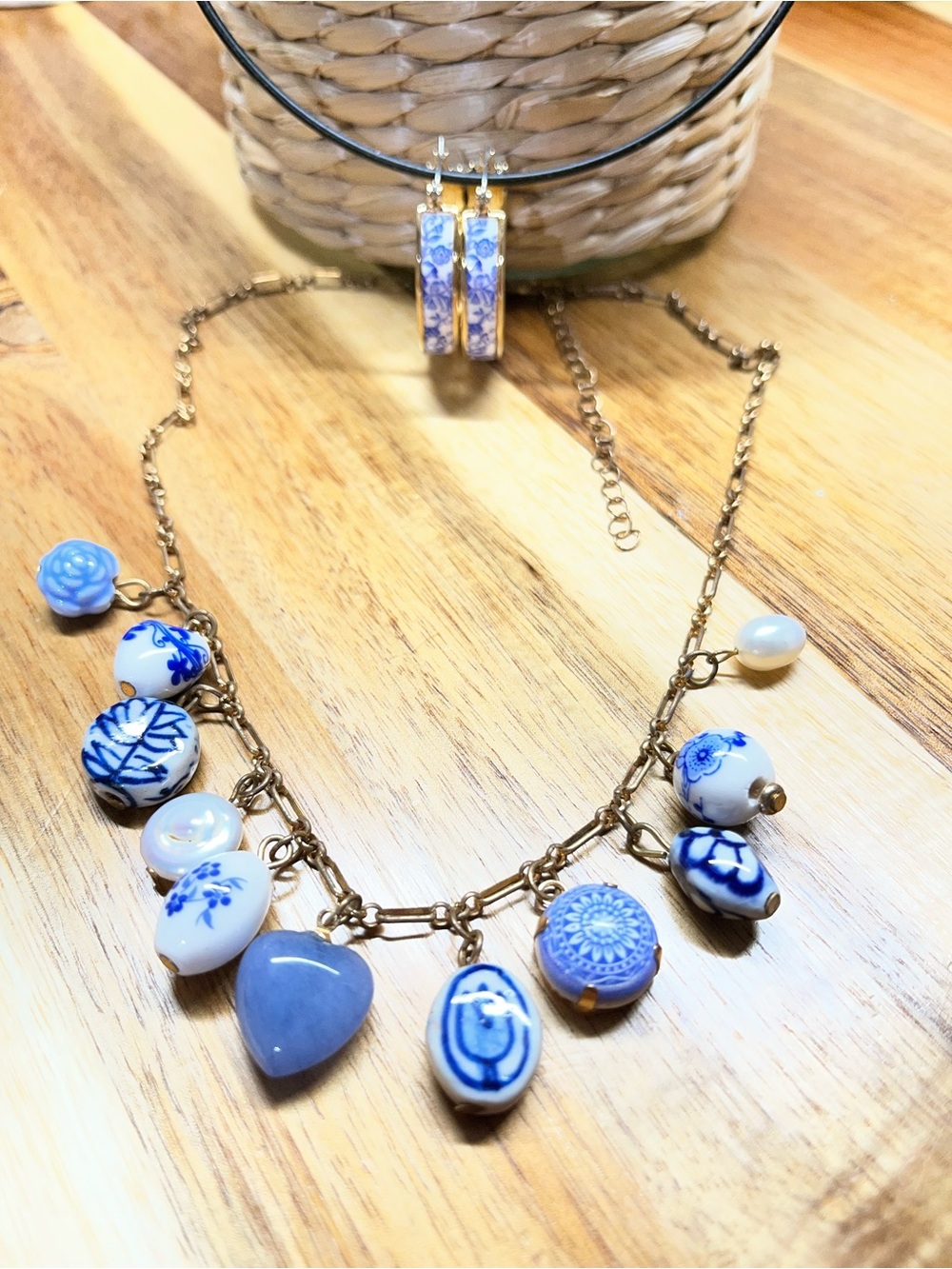 Blue & White Toile Porcelain Charm Necklace & Earrings